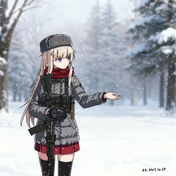  absurdres ak-74m ak74m_(girls'_frontline) assault_rifle black_thighhighs brown_hair commentary_request dated girls'_frontline gun hat highres holding holding_gun holding_weapon kalashnikov_rifle long_hair purple_eyes red_skirt rifle skirt snowing thighhighs thighs user_sgex8545 ushanka weapon 