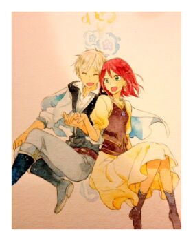  1boy 1girl akagami_no_shirayukihime belt blonde_hair blue_eyes boots cape couple dress earrings green_eyes holding_hands jewelry painting_(medium) prince red_hair shirayuki_(akagami_no_shirayukihime) traditional_media watercolor_(medium) zen_wistalia  rating:Sensitive score:3 user:nrt