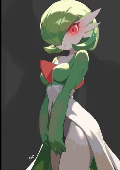  1girl artist_name backlighting bob_cut breasts closed_mouth colored_skin cowboy_shot female_focus gardevoir gen_3_pokemon glowing glowing_eyes green_hair green_skin grey_background hair_over_one_eye looking_at_viewer medi_(pixiv_123705920) medium_breasts multicolored_skin navel nintendo one_eye_covered own_hands_together partial_humanization pokemon pokemon_(creature) red_eyes short_hair signature simple_background solo standing thighs two-tone_skin v_arms white_skin 