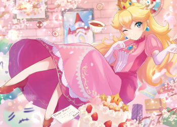  1girl absurdres blonde_hair blue_eyes cake closed_mouth commentary_request crown cup dress earrings elbow_gloves floating food fruit gift gloves half-closed_eye highres jewelry letter long_hair mario mario_(series) nintendo norimaki_(nrmk_norinori) painting_(object) pink_dress princess_peach red_shoes shoes smile solo strawberry tea teacup white_gloves 