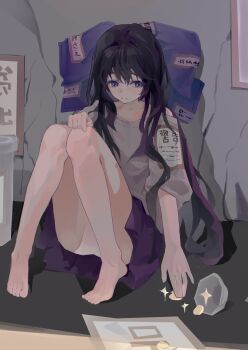  1girl absurdres bare_legs bare_shoulders barefoot black_hair blue_eyes closed_mouth collarbone highres long_hair off_shoulder pale_skin pleated_skirt poverty sad sitting skirt suwell touhou translation_request very_long_hair yorigami_shion 