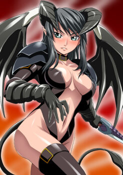  1girl armor black_hair demon_girl elbow_gloves female_focus gloves green_eyes horns isse long_hair original pointy_ears solo sword tail thighhighs weapon wings  rating:Questionable score:39 user:danbooru