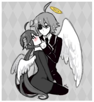 1boy 1girl ahoge alela_grora_(funamusea) angel angel_wings argyle_background black_suit blush border coat eye_contact eyepatch formal_clothes funamusea gallaxi grey_background grey_coat grey_eyes grey_hair haiiro_teien halo looking_at_another low_twintails open_mouth short_hair signature sketch suit twintails white_border wings wodahs_(funamusea)