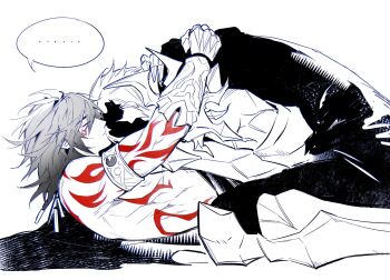  ... 2boys arm_tattoo armlet armor black_cloak black_coat black_pants braid chest_tattoo clawed_gauntlets cloak closed_eyes coat earrings facial_tattoo flame_reaver_of_the_deepest_dark fsh887624596321 gold_earrings gold_necklace greyscale highres honkai:_star_rail honkai_(series) hood hood_down hooded_cloak hug jewelry leg_armor male_focus medium_hair monochrome multiple_boys mydei_(honkai:_star_rail) necklace open_clothes open_coat pants pauldrons phainon_(honkai:_star_rail) red_tattoo short_hair shoulder_armor side_braid simple_background single_pauldron spoken_ellipsis tattoo toned toned_male white_background white_hair yaoi 