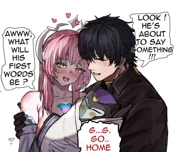  1boy 1girl 1other 2na_(blue2na) absurdres adoptive_parent_and_adoptive_child aemeath_(wuthering_waves) bare_shoulders black_hair black_jacket blush breasts collarbone commentary english_commentary father_and_daughter heart highres hug inseki jacket male_rover_(wuthering_waves) medium_breasts nose_blush open_mouth orange_eyes perversion_of_canon pink_hair rover_(wuthering_waves) sigillum_(wuthering_waves) simple_background star-shaped_pupils star_(symbol) symbol-shaped_pupils white_background wuthering_waves 