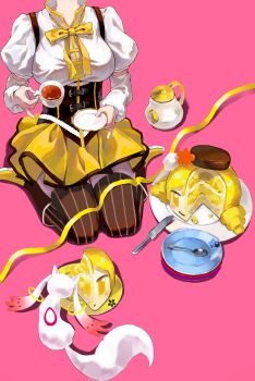  1girl absurdres alien black_boots black_corset black_hat blonde_hair boots bow bowtie breasts brown_thighhighs cake cake_slice chinese_commentary commentary_request corset creature cup detached_sleeves drill_hair food from_above hat head_out_of_frame highres holding holding_cup holding_plate knife kyubey large_breasts magical_girl mahou_shoujo_madoka_magica mahou_shoujo_madoka_magica_(anime) pink_background plate puffy_sleeves ribbon seiza shirt sitting skirt spoon striped_clothes striped_thighhighs teacup teapot thighhighs tomoe_mami tomoe_mami_(magical_girl) twin_drills vertical-striped_clothes vertical-striped_thighhighs white_shirt xiao_jin yellow_bow yellow_bowtie yellow_eyes yellow_ribbon yellow_skirt 