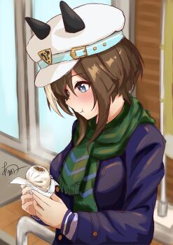  1girl animal_ears ayukake277 blue_coat blue_eyes blush breasts brown_hair buttons cheval_grand_(umamusume) coat commentary_request double-breasted ear_covers ears_through_headwear food green_scarf hair_between_eyes hat hat_belt highres holding holding_food horse_ears horse_girl long_hair long_sleeves medium_breasts multicolored_hair peaked_cap scarf smile solo steamed_bun steaming_food streaked_hair tracen_winter_coat umamusume white_hair white_hat winter_clothes winter_coat winter_uniform 