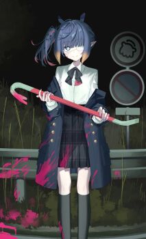  1girl animal_ears black_bow black_bowtie black_socks blazer blood blood_on_clothes blood_on_face blood_on_ground blood_on_hands blood_splatter blood_stain bloody_weapon blue_coat blue_eyes blunt_bangs bow bowtie buttons choppy_bangs coat coat_partially_removed collared_shirt crowbar dark_background diamond_hair_ornament eyepatch flat_chest gradient_hair grass hair_ornament hairpin highres highway holding holding_crowbar hololive hololive_english holomyth jacket kneehighs lapel_pin long_coat long_sleeves looking_at_viewer medical_eyepatch medium_hair mole mole_under_eye multicolored_hair nail_polish night ninomae_ina'nis ninomae_ina'nis_(school_uniform) official_alternate_costume official_alternate_hairstyle orange_hair outdoors pink_blood pink_hair pink_nails plaid_clothes plaid_skirt pleated_skirt pointy_ears ponytail purple_hair road_sign school_uniform shirt shirt_tucked_in side_ponytail sidelocks sign skirt smile socks solo standing star-shaped_pupils star_(symbol) staring symbol-shaped_pupils takodachi_(ninomae_ina'nis) tentacle_hair tentacles two-tone_hair umiikuru virtual_youtuber weapon white_shirt 