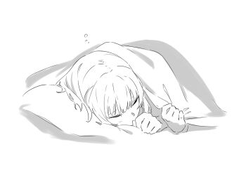  1girl absurdres bang_dream! bang_dream!_girls_band_party! blush closed_eyes commentary_request greyscale highres kanade_(kanade_3344) lineart monochrome shirokane_rinko simple_background sleeping solo under_covers white_background 