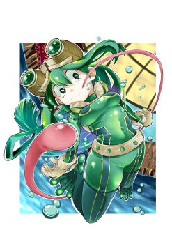  1girl absurdres asui_tsuyu bodysuit boku_no_hero_academia border breasts closed_mouth commentary commentary_request frog_girl full_body gloves goggles goggles_on_head green_bodysuit green_eyes green_hair hair_between_eyes hair_rings highres indoors long_hair long_tongue looking_at_viewer looking_to_the_side low-tied_hair_ring low-tied_long_hair medium_breasts outside_border prehensile_tongue solo superhero_costume tongue tongue_out very_long_tongue water white_border white_gloves yunagi921 