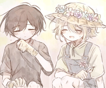  2boys alternate_costume basil_(faraway)_(omori) basil_(omori) black_hair black_shirt blonde_hair blue_overalls blush brown_gloves closed_eyes closed_mouth commentary_request double-parted_bangs flower gardening_shears gloves green_shirt hair_between_eyes hand_on_own_knee hat highres holding holding_flower male_focus mimi_utlove multiple_boys omori open_mouth overall_shorts overalls shirt short_hair short_sleeves sidelocks smile sun_hat sunny_(omori) sweat t-shirt 