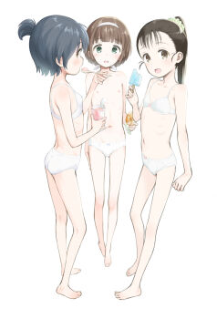  3girls barefoot black_hair bow bow_panties bra brown_hair flat_chest food green_eyes hairband highres kokekokko_coma loli multiple_girls nipples original paid_reward_available panties ponytail short_hair underwear underwear_only white_bra white_panties 