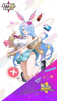 1girl absurdres animal_ears astral_party blue_eyes blue_hair breasts collared_shirt drink_carton hair_over_one_eye hair_ribbon highres jacket jumping large_breasts long_hair long_sleeves midriff milk_carton mimi_(astral_party) multicolored_hair necktie official_art open_clothes open_jacket pencil pink_hair pleated_skirt rabbit_ears ribbon ruler shirt shoes simao_(x_x36131422) skirt socks thigh_tease rating:Sensitive score:6 user:danbooru