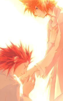  2boys alternate_costume axel_(kingdom_hearts) backlighting blonde_hair blue_eyes closed_eyes collared_shirt facial_mark hair_slicked_back half-closed_eyes hand_grab hand_on_own_chest illbewaiting jewelry kingdom_hearts kingdom_hearts_ii kiss kissing_hand kneeling long_sleeves male_focus multiple_boys red_hair ring roxas shirt short_hair sketch spiked_hair upper_body wedding wedding_ring wedding_suit white_background white_shirt wing_collar yaoi 