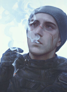 1boy beanie black_jacket black_pants brown_eyes cigarette fukurau grey_hat hat highres holding holding_cigarette jacket looking_afar male_focus open_mouth pants realistic skif_(stalker_2) smoke smoking solo stalker_(game) stalker_2:_heart_of_chornobyl upper_body 