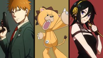  1girl 2boys black_dress black_hair bleach blue_eyes breasts column_lineup commentary cosplay dagger dress earrings english_commentary floppydisk7000 formal_clothes frown gold_earrings green_suit gun hairband handgun highres holding holding_dagger holding_gun holding_knife holding_weapon jewelry knife kon_(bleach) kuchiki_rukia kurosaki_ichigo multiple_boys necktie orange_eyes orange_hair parody red_necktie serious small_breasts spy_x_family stiletto_(weapon) stuffed_toy suit third-party_source trigger_discipline twilight_(spy_x_family) twilight_(spy_x_family)_(cosplay) walther_ppk weapon yellow_hairband yor_briar yor_briar_(cosplay) 