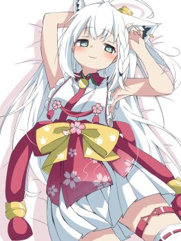  1girl ahoge alternate_costume animal_ears aqua_eyes armpits blush bow braid cherry_blossom_print cosplay floral_print fox_ears fox_girl frilled_kimono frills hakama hakama_short_skirt hakama_skirt highres hololive japanese_clothes kimono long_hair looking_at_viewer lying nontraditional_miko obi on_back red_hakama sakura_miko sakura_miko_(casual) sakura_miko_(cosplay) sash shirakami_fubuki shirayuki_(snow_link) sideless_kimono skirt sleeveless sleeveless_kimono smile solo thigh_strap very_long_hair virtual_youtuber white_hair white_kimono yellow_bow yellow_sash 