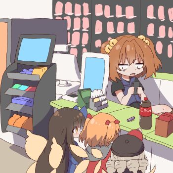  4girls bell beret black_hair black_hat brown_eyes coca-cola drill_hair drill_sidelocks grey_hair hair_bell hair_ornament hashtag-only_commentary hat highres holding holding_phone indoors long_hair luna_child magg_(user_mtca8588) motoori_kosuzu multiple_girls orange_hair phone shop short_hair sidelocks star_sapphire sunny_milk touhou two_side_up 