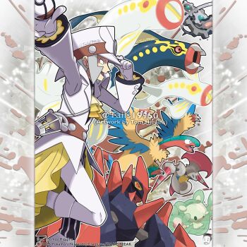  alternate_costume archeops artist_name ascot belt closed_mouth commentary company_name copyright_notice eelektross emmet_(pokemon) emmet_(sygna_suit)_(pokemon) english_commentary escavalier fangs from_side gears gen_5_pokemon gigalith gloves grey_eyes grey_hair hand_on_headwear hat highres holding holding_poke_ball instagram_username jacket klinklang mega_eelektross mega_pokemon merchandise_available nintendo official_style open_clothes open_jacket open_mouth outline pants poke_ball pokemon pokemon_(creature) pokemon_masters_ex reuniclus shirt short_hair smile teeth timer_ball tom_higgins watermark white_belt white_gloves white_hat white_jacket white_outline white_pants white_shirt yellow_ascot 