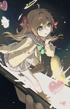  1girl 1other ahoge asymmetrical_legwear black_thighhighs blue_eyes blue_sailor_collar blue_skirt brown_hair cardigan commentary_request detached_wings from_side hair_between_eyes hair_ornament hair_ribbon halo heart heart_hair_ornament highres holding holding_phone long_hair long_sleeves m888992l7 mixed-language_commentary neuro-sama parted_lips phone pleated_skirt red_ribbon ribbon sailor_collar single_sock single_thighhigh skirt socks solo thighhighs through_medium through_screen two_side_up uneven_legwear vedal_ai wings yellow_cardigan yellow_halo 
