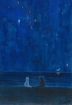  artist_name beach black_cat cat commentary_request crescent_moon goma_ramen_(gomaramen888) highres moon night no_humans ocean original outdoors sand sky star_(sky) starry_sky white_cat 