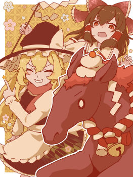  !? 2girls ^_^ aomurasaki_r apron bell black_skirt black_vest blonde_hair bow brown_eyes brown_hair cherry_blossoms closed_eyes commentary contrast_collar detached_sleeves food food_request frilled_bow frilled_hair_tubes frilled_shirt_collar frilled_skirt frills gohei grin hair_tubes hakurei_reimu highres holding holding_gohei horse index_finger_raised jingle_bell kirisame_marisa long_hair long_sleeves medium_hair multiple_girls neck_bell open_mouth red_bow red_scarf red_shirt ribbon-trimmed_sleeves ribbon_trim scarf shirt skirt smile spoken_sparkle story_in_commentary textless_version touhou vest waist_apron white_apron white_shirt 