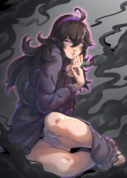  1girl @_@ ahoge artist_name black_hair chuckuddin commentary english_commentary hair_between_eyes hairband hex_maniac_(pokemon) highres long_hair messy_hair nintendo pokemon purple_eyes purple_hairband solo spider_web_print 