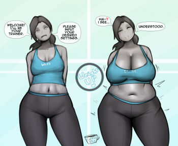  1girl absurdres arms_behind_back before_and_after breast_expansion breasts cleavage coffeeslice colored_skin curvy female_focus grey_skin highres large_breasts long_hair looking_at_viewer midriff navel nintendo plump solo speech_bubble sudden_weight_gain thick_thighs thighs weight_gain wide_hips wii_fit wii_fit_trainer wii_fit_trainer_(female)  rating:Sensitive score:28 user:catonfire26
