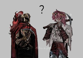  2others ? armor bandaged_arm bandages brooch cloak cowboy_shot crown d3rlord3 galea_helmet hand_on_own_chin helmet highres holding holding_pickaxe jewelry knight lee_in_plut0 looking_at_another minecraft_youtube multiple_others pickaxe pink_hair pointy_ears red_cloak red_eyes searching_for_a_world_that_doesn't_exist shirt shirt_tucked_in standing technoblade torn_clothes weapon_connection white_shirt 