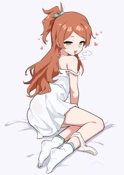  1girl absurdres bow breath dress green_bow hair_bow heart heart-shaped_pupils highres idolmaster idolmaster_million_live! idolmaster_million_live!_theater_days loli looking_at_viewer ogami_tamaki ohgi910 one_side_up orange_hair panties panties_around_leg saliva sitting socks solo strap_slip symbol-shaped_pupils tongue tongue_out underwear white_dress white_panties white_socks yokozuwari  rating:Sensitive score:6 user:CunnyInc