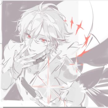  1boy armor bishounen commentary from_above gloves hair_between_eyes hand_up highres liulianjingrua looking_at_viewer male_focus monochrome open_mouth original pale_skin red_eyes short_hair shoulder_armor sketch smile solo sparkle spot_color symbol-only_commentary upper_body white_hair wings 