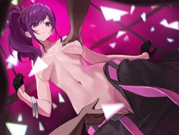  1girl absurdres asahina_mafuyu black_gloves black_pants bracelet breasts closed_mouth commentary convenient_censoring gloves groping half_gloves highres jewelry legwear_partially_removed long_hair navel pants project_sekai purple_eyes purple_hair side_ponytail solo_focus topless_female untranslatable_commentary wangjook_(wj) 