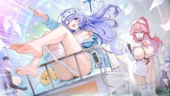 5girls azur_lane bandaged_leg bandages barefoot bed character_request hat hospital_bed intravenous_drip legs multiple_girls nurse nurse_cap official_art one_eye_closed second-party_source sleep_mask toes