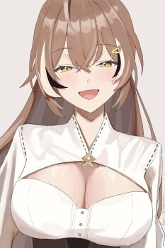  1girl absurdres black_streaks breasts brown_eyes brown_hair cleavage cleavage_cutout clothing_cutout commentary hair_ornament highres hololive hololive_english kongarisalmon large_breasts long_hair looking_at_viewer multicolored_hair nanashi_mumei nanashi_mumei_(1st_costume) open_mouth portrait rune_hair_ornament shirt simple_background solo streaked_hair symbol-only_commentary underbust upper_body virtual_youtuber white_background white_shirt white_streaks 