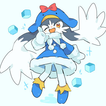  1boy animal_ears blue_dress blue_hat blue_shoes bow commentary cosplay crossdressing crossdressing_(mtf) dress ecoco ecoco_(cosplay) ekokuice english_commentary fur-trimmed_dress fur_trim furry furry_male gloves hat highres ice ice_cube kaze_no_klonoa klonoa kuro_(user_uwrm3742) looking_at_viewer male_focus one_eye_closed open_mouth orange_eyes penguin_hat pom_pom_(clothes) red_bow shoes simple_background white_background white_gloves 