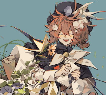  1girl 30000000000 ^_^ bird_hat_ornament black_cape black_hat blue_background bow bowtie brown_hair cape closed_eyes coat commentary_request envelope flower flutterpage flutterpage_(gently_comes_the_thawing_breeze) hair_flower hair_ornament hat highres holding holding_envelope lily_of_the_valley official_alternate_costume open_mouth origami paper_crane reverse:1999 short_twintails smile solo twintails upper_body white_bow white_bowtie white_coat white_flower 