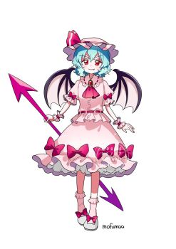  1girl artist_name ascot bat_wings blue_hair bow brooch closed_mouth collared_shirt commentary_request fang fang_out frilled_shirt_collar frills full_body hat hat_ribbon jewelry long_sleeves looking_at_viewer maa_(forsythia1729) mob_cap pink_bow pink_hat pink_shirt pink_skirt pink_socks puffy_long_sleeves puffy_short_sleeves puffy_sleeves red_ascot red_eyes remilia_scarlet ribbon ribbon-trimmed_collar ribbon_trim shirt shoes short_sleeves simple_background skirt skirt_bow skirt_set sleeve_bow smile socks solo touhou watermark white_background white_shoes wings wrist_cuffs 