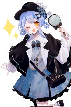  1girl ;d black_bag black_capelet black_hat blue_hair blue_necktie blue_skirt braid braided_hair_rings capelet collared_shirt commentary_request deerstalker detective grey_vest hair_rings hat highres holding holding_magnifying_glass long_sleeves looking_at_viewer magnifying_glass mahou_shoujo_no_majo_saiban necktie one_eye_closed open_mouth pleated_skirt shirt short_hair simple_background skirt smile solo sparkle standing standing_on_one_leg tachibana_sherry taimu_(htrgt_31) vest white_background white_shirt yellow_eyes 