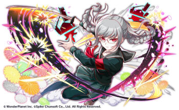  1girl black_sailor_collar braid copyright_notice crash_fever danganronpa_(series) expressionless glasses green_shirt green_skirt green_thighhighs grey_hair grey_shoes hair_between_eyes hair_ribbon holding holding_sword holding_weapon long_sleeves neckerchief official_art pekoyama_peko promotional_art red_eyes red_neckerchief ribbon sailor_collar school_uniform shirt shoes simple_background skirt solo swept_bangs swinging_weapon sword thighhighs third-party_source twin_braids weapon white_background white_ribbon 