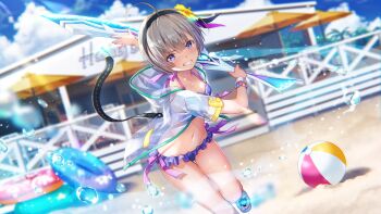  1girl ahoge bikini black_hairband black_ribbon blunt_bangs blurry blurry_background blush bracelet breasts clenched_teeth day dutch_angle eyelashes fighting_stance flower foot_out_of_frame frilled_bikini frills grey_hair hair_flower hair_ornament hair_ribbon hairband heaven_burns_red highres holding holding_sword holding_weapon hood hood_down hooded_jacket incoming_attack jacket jewelry looking_at_viewer minase_sumomo minase_sumomo_(fervent_assasin) multiple_bracelets navel official_alternate_costume official_art open_clothes open_jacket outdoors purple_bikini purple_eyes purple_ribbon ribbon sandals see-through_clothes see-through_jacket short_hair short_sleeves small_breasts solo standing standing_on_one_leg stomach swimsuit sword teeth v-shaped_eyebrows water_drop weapon white_jacket white_sandals yellow_flower  rating:Sensitive score:4 user:danbooru