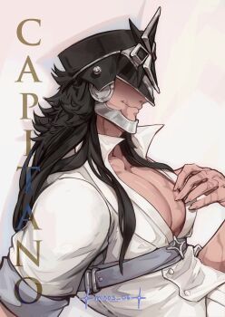  1boy arm_up belt black_hair capitano_(genshin_impact) character_name closed_mouth collared_shirt commentary english_commentary genshin_impact grey_belt helmet highres long_hair male_focus minos_06 multiple_scars open_collar pectoral_cleavage pectorals popped_collar profile scar scar_on_arm scar_on_face shirt short_sleeves sleeve_cuffs smile solo white_shirt 