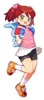  1girl :d animal_bag backpack bag bike_shorts black_shirt black_shorts blue_bag blue_gloves bracelet breasts bright_pupils clothes_lift commentary_request crotch_seam full_body funifuchan gloves green_eyes grey_outline hair_ribbon highres holding_strap jacket jewelry looking_at_viewer open_mouth orange_shoes outline pink_jacket pink_ribbon pleated_skirt rabbit_bag red_hair red_sleeves revision ribbon saru_getchu sayaka_(saru_getchu) shirt shoes short-sleeved_jacket short_hair short_sleeves short_twintails shorts shorts_under_skirt simple_background skirt skirt_lift small_breasts smile sneakers socks solo standing standing_on_one_leg turtleneck turtleneck_shirt twintails white_background white_pupils white_skirt white_socks 