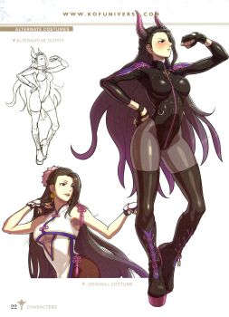  1girl black_hair bodysuit boots braid breasts cleavage_cutout clothing_cutout female_focus fingerless_gloves flower gloves hair_bun hair_flower hair_ornament heel_up highres horns large_breasts latex latex_suit leather long_hair lotus luong medium_breasts pale_skin see-through_clothes shiny_clothes skin_tight snk_heroines:_tag_team_frenzy socks standing the_king_of_fighters thighs very_long_hair 