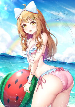  1boy ahoge ass ball beach beachball bikini blue_sky bow bracelet hair_ornament highres jewelry long_hair natsusora_wakana novady ocean orange_hair original pink_bikini pink_bow rainbow ring side-tie_bikini_bottom sky star_(symbol) star_hair_ornament swimsuit trap water white_bow yellow_eyes 