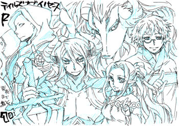  1girl 3boys alfa_system asras bald breasts creature durandal_(tales_of_innocence) horns hypnos_(tales_of_innocence) inanna long_hair monochrome monocle multiple_boys orifiel pointy_ears short_hair sword tales_of_(series) tales_of_innocence vrtra_(final_fantasy) weapon 