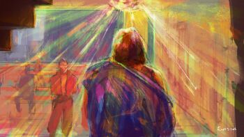  2boys 2others arms_behind_back bomber_jacket brown_hair commentary disco_ball disco_elysium emetitur english_commentary faceless feet_out_of_frame hair_slicked_back harry_du_bois highres indoors jacket kim_kitsuragi light_rays male_focus multiple_boys multiple_others orange_jacket painterly short_hair 