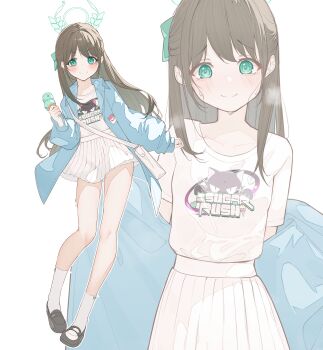 1girl airi_(band)_(blue_archive) airi_(blue_archive) aqua_eyes aqua_halo bag black_footwear blue_archive blue_jacket blush bow breath brown_hair closed_mouth commentary_request multiple_scoops food full_body green_bow hair_bow half_updo halo highres holding holding_food holding_ice_cream ice_cream jacket long_hair looking_at_viewer miniskirt multiple_views official_alternate_costume open_clothes open_jacket pleated_skirt print_shirt shirt shirt_tucked_in short_sleeves shoulder_bag simple_background skirt smile socks standing sweat tachibana_shiori_(suica_112) white_background white_bag white_shirt white_skirt white_socks rating:Sensitive score:14 user:danbooru