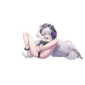  1girl :o ahoge bare_legs black_bow black_collar black_dress black_hairband black_panties blue_eyes blush bow breasts breasts_out collar dress flower frilled_collar frilled_dress frilled_hairband frilled_socks frills full_body gothic_lolita hairband hand_on_own_chest heart highres last_origin lolita_fashion long_hair looking_at_viewer mel_(dodosae) nipples non-web_source official_alternate_costume official_art open_mouth panties purple_flower purple_rose rose sidelocks simple_background single_bare_foot single_sock sitting small_breasts socks solo soulworker stella_unibell tachi-e tearing_up torn_clothes torn_panties transparent_background underwear very_long_hair white_hair white_socks 