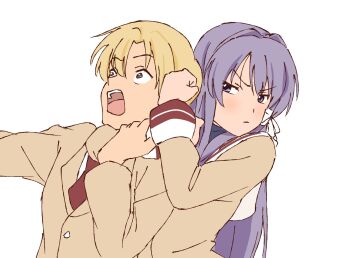  1boy 1girl angry black_eyes blazer blonde_hair brown_jacket brown_shirt clannad closed_mouth frown fujibayashi_kyou glaring hair_ribbon headlock highres jacket long_sleeves looking_at_another necktie open_mouth purple_eyes purple_hair red_necktie ribbon sailor_collar school_uniform shirt short_hair simple_background sunohara_youhei upper_body v-shaped_eyebrows waka_849 white_background white_ribbon wide-eyed 