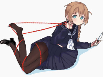  1girl aqua_eyes baba_konomi black_sailor_collar black_serafuku black_shirt black_shoes black_skirt braid brown_hair brown_pantyhose closed_mouth commentary full_body holding holding_knife idolmaster idolmaster_million_live! knife long_hair long_sleeves lying neckerchief on_side pantyhose pleated_skirt sailor_collar sailor_shirt school_uniform serafuku shirt shoes simple_background single_bare_foot single_braid single_shoe skirt solo string two_side_up vnekov white_background white_neckerchief 